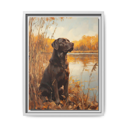 Chocolate Lab wall art framed canvas print in a white wood frame