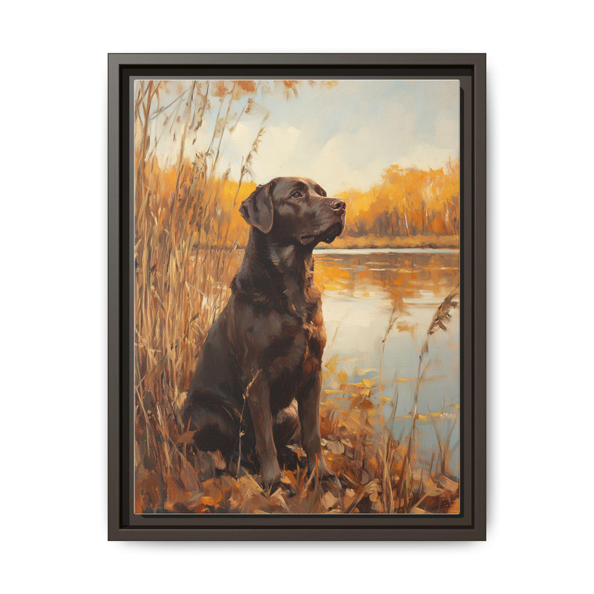 Chocolate Lab wall art framed canvas print in an espresso wood frame