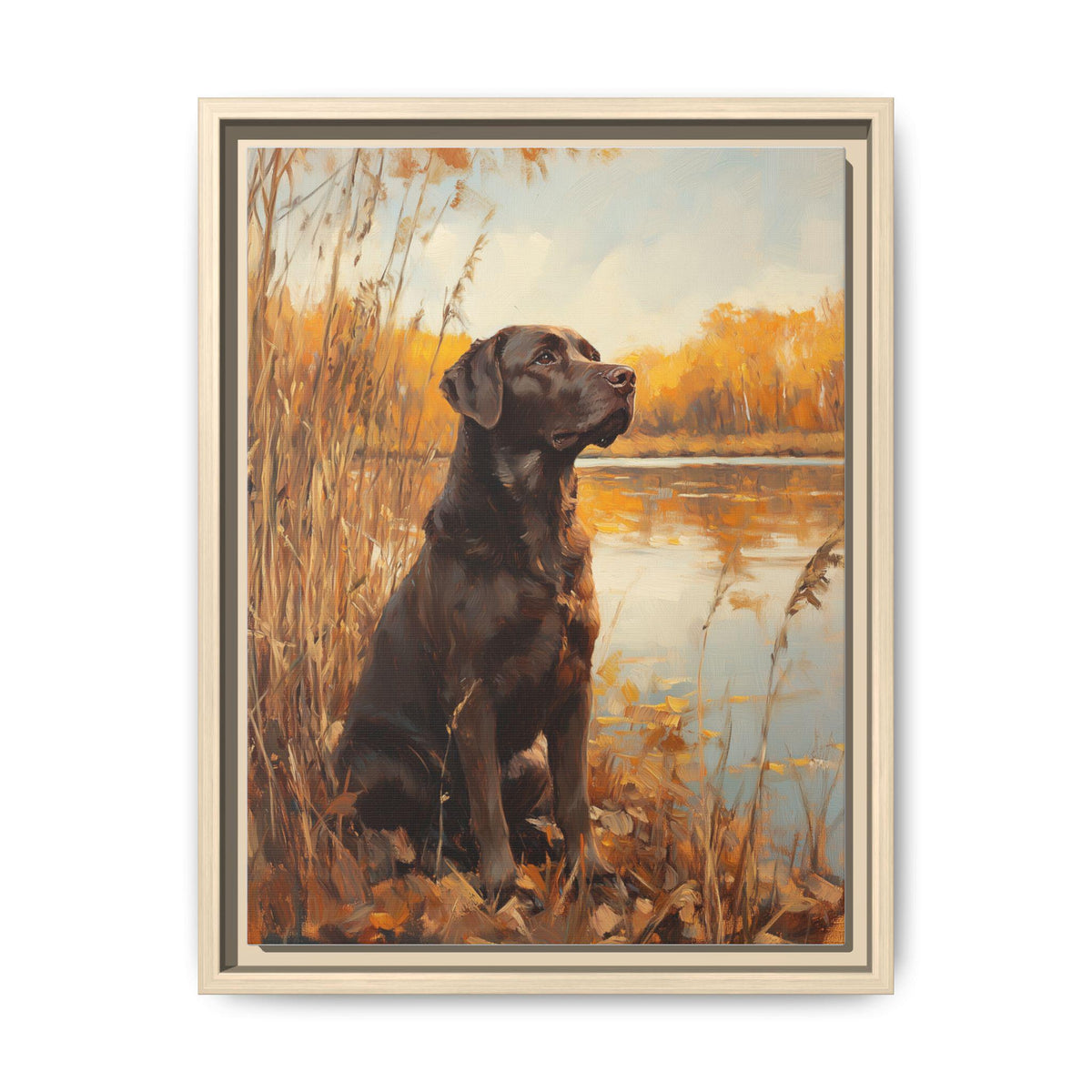 Chocolate Lab wall art framed canvas print in a natural wood frame