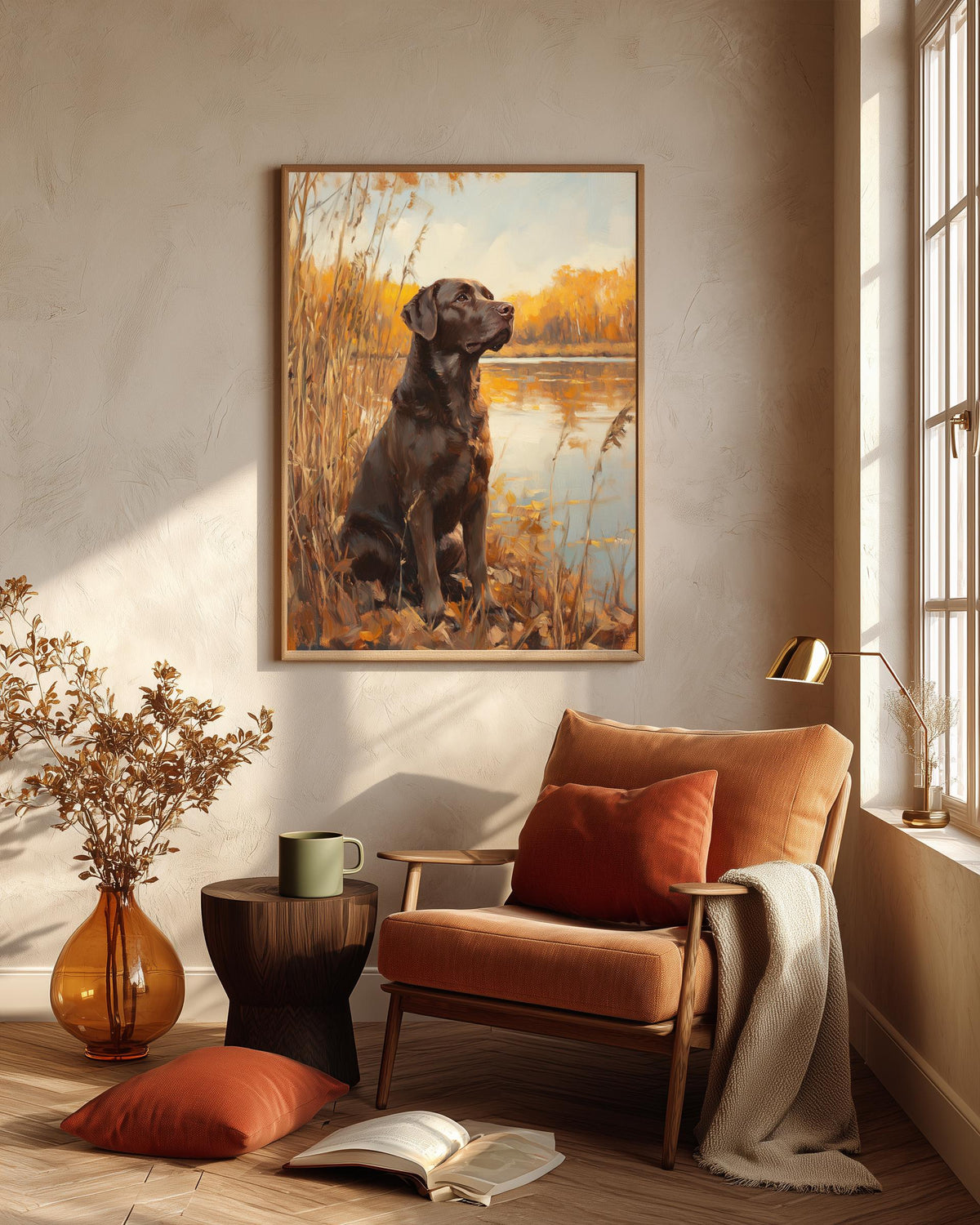 Dog portrait framed canvas art set in a solid wood frame, ready to hang