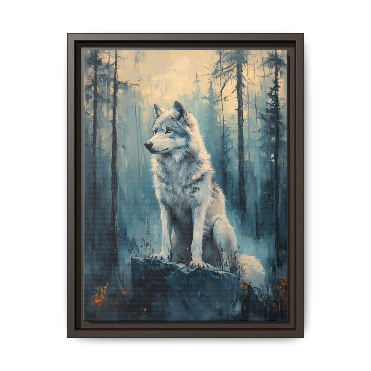 Wolf wall art framed canvas print in an espresso wood frame