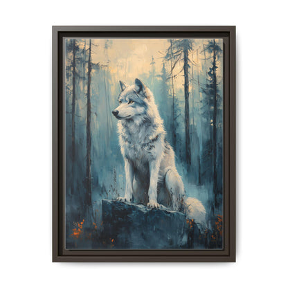 Wolf wall art framed canvas print in an espresso wood frame