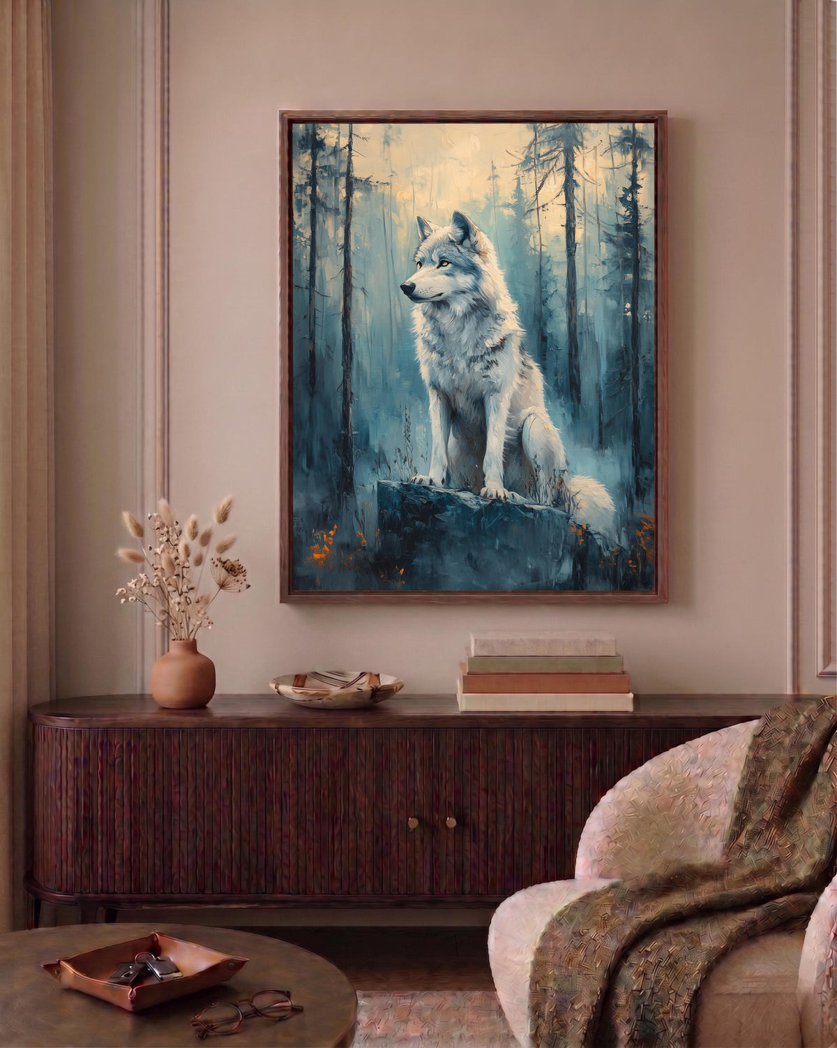 Wolf framed canvas in a handmade solid wood frame, ready to hang