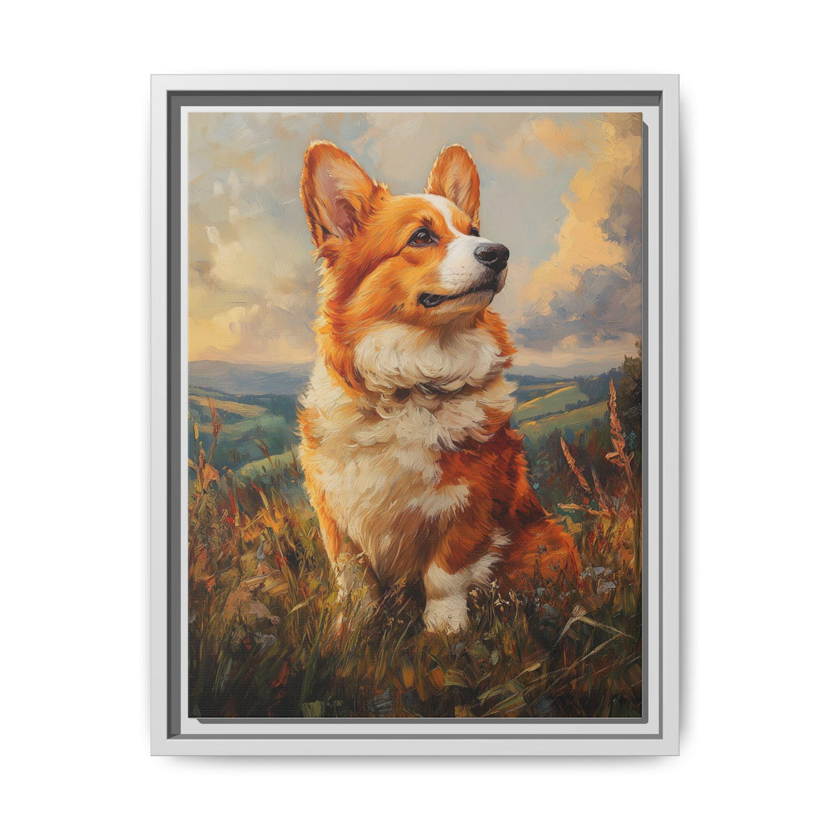 Corgi wall art framed canvas print in a white wood frame