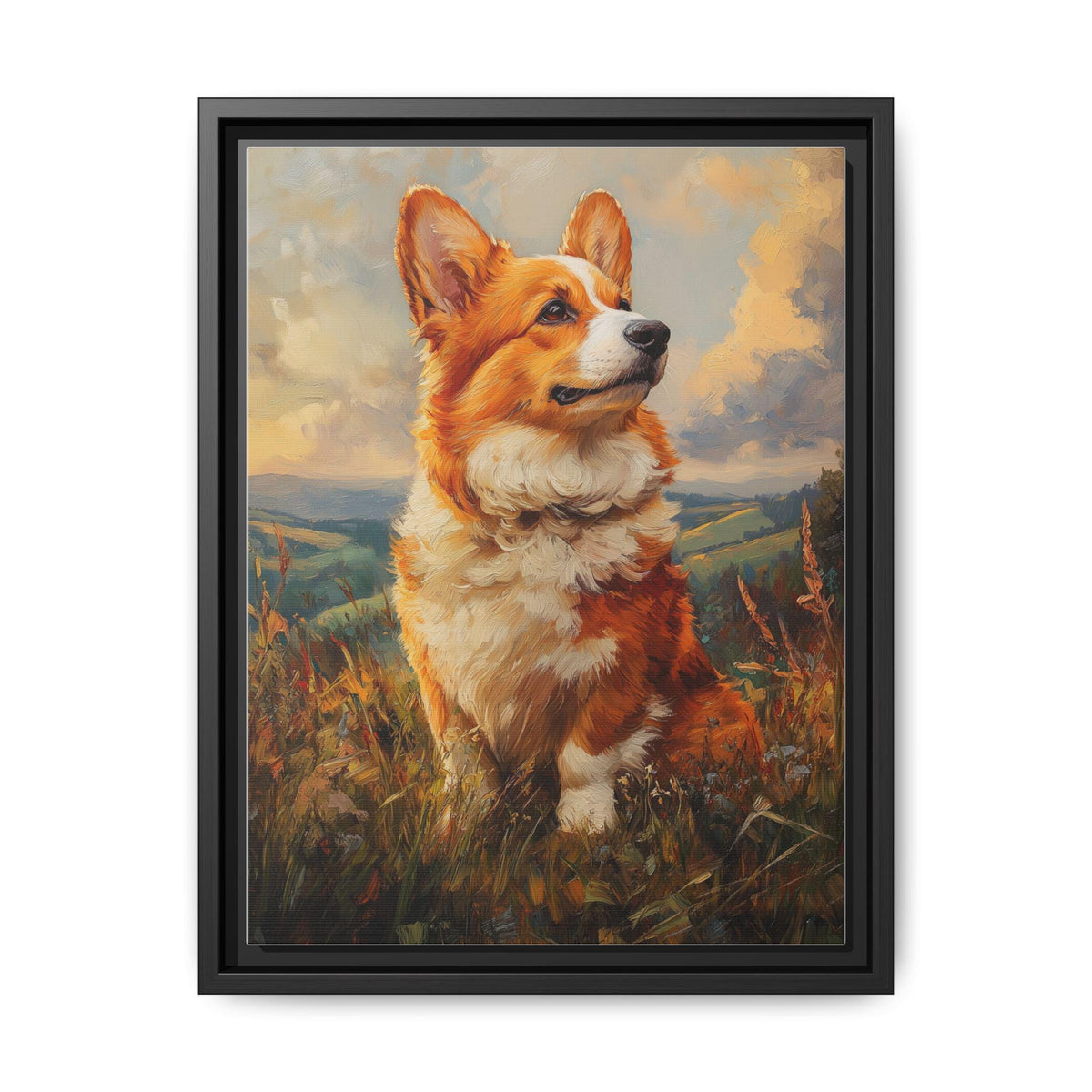 Corgi wall art framed canvas print in a black wood frame