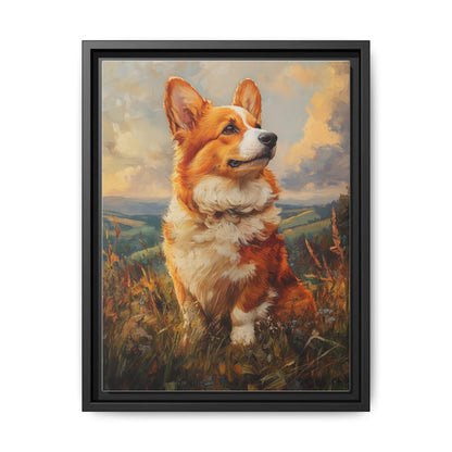Corgi wall art framed canvas print in a black wood frame