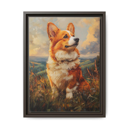 Corgi wall art framed canvas print in an espresso wood frame
