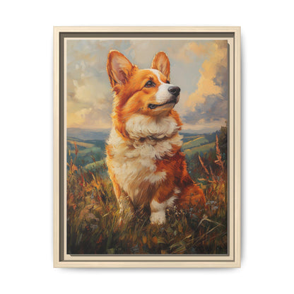 Corgi wall art framed canvas print in a natural wood frame