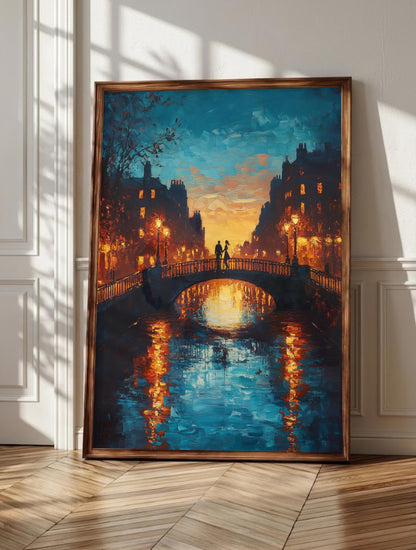 Dublin wall art: the Ha'Penny Bridge arching over an amber River Liffey at dusk