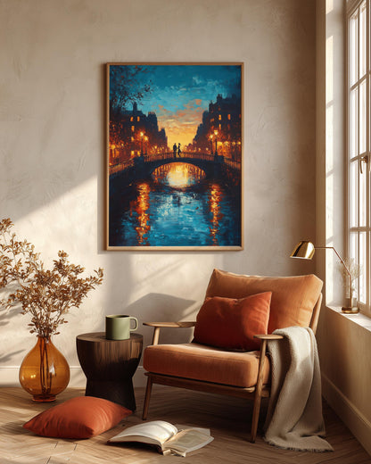 Oil-painting style Irish bridge at twilight, made to order and ready to hang