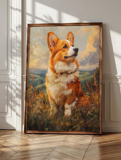 Corgi wall art: a Pembroke Welsh Corgi with ears up, painted in thick warm oils