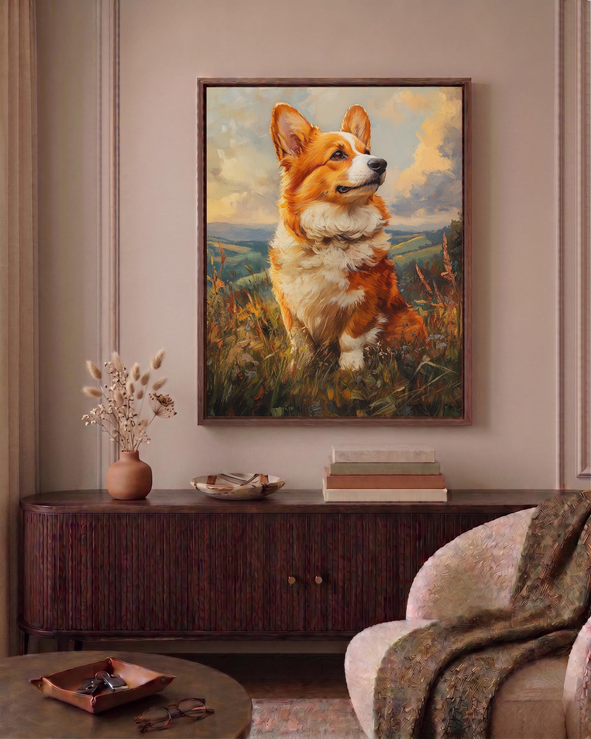 Oil-painting style dog portrait printed on cotton canvas, made to order