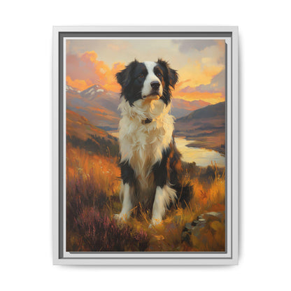 Border Collie wall art framed canvas print in a white wood frame