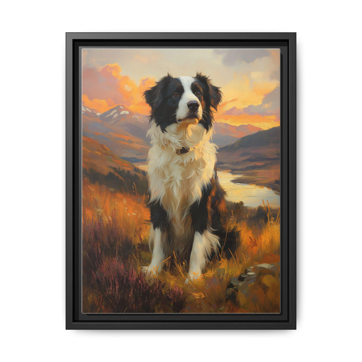 Border Collie wall art framed canvas print in a black wood frame