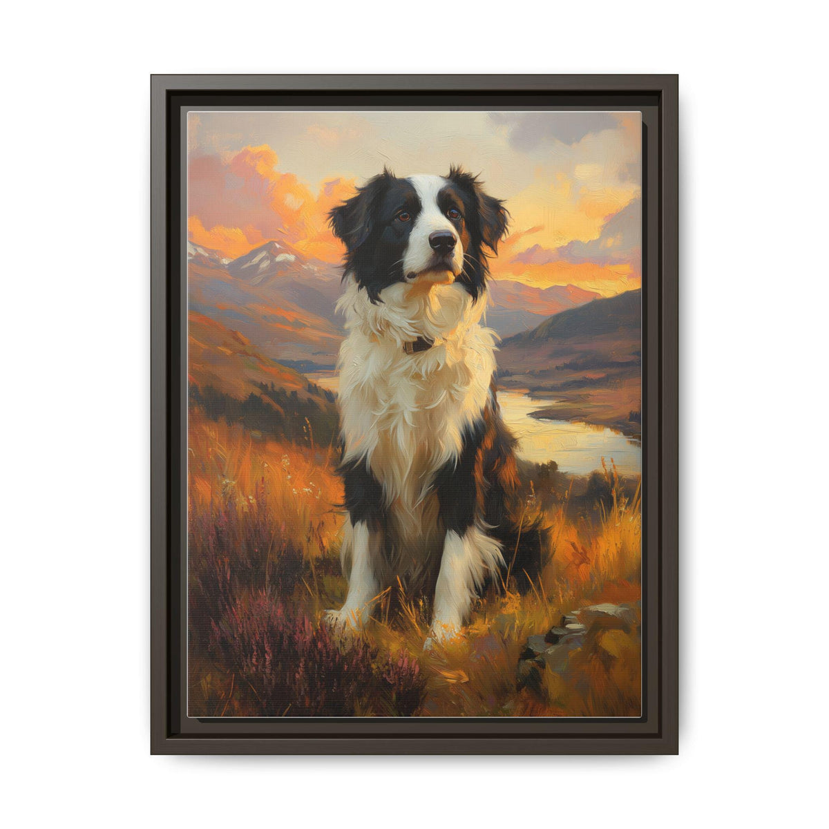 Border Collie wall art framed canvas print in an espresso wood frame
