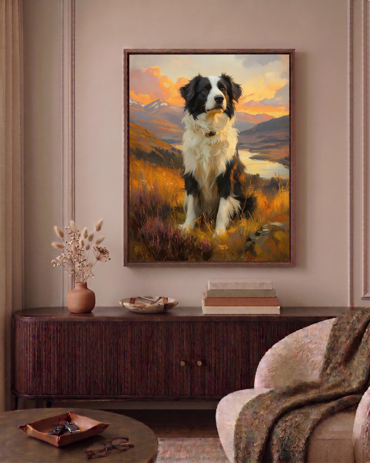 Dog portrait framed canvas art set in a solid wood frame, ready to hang