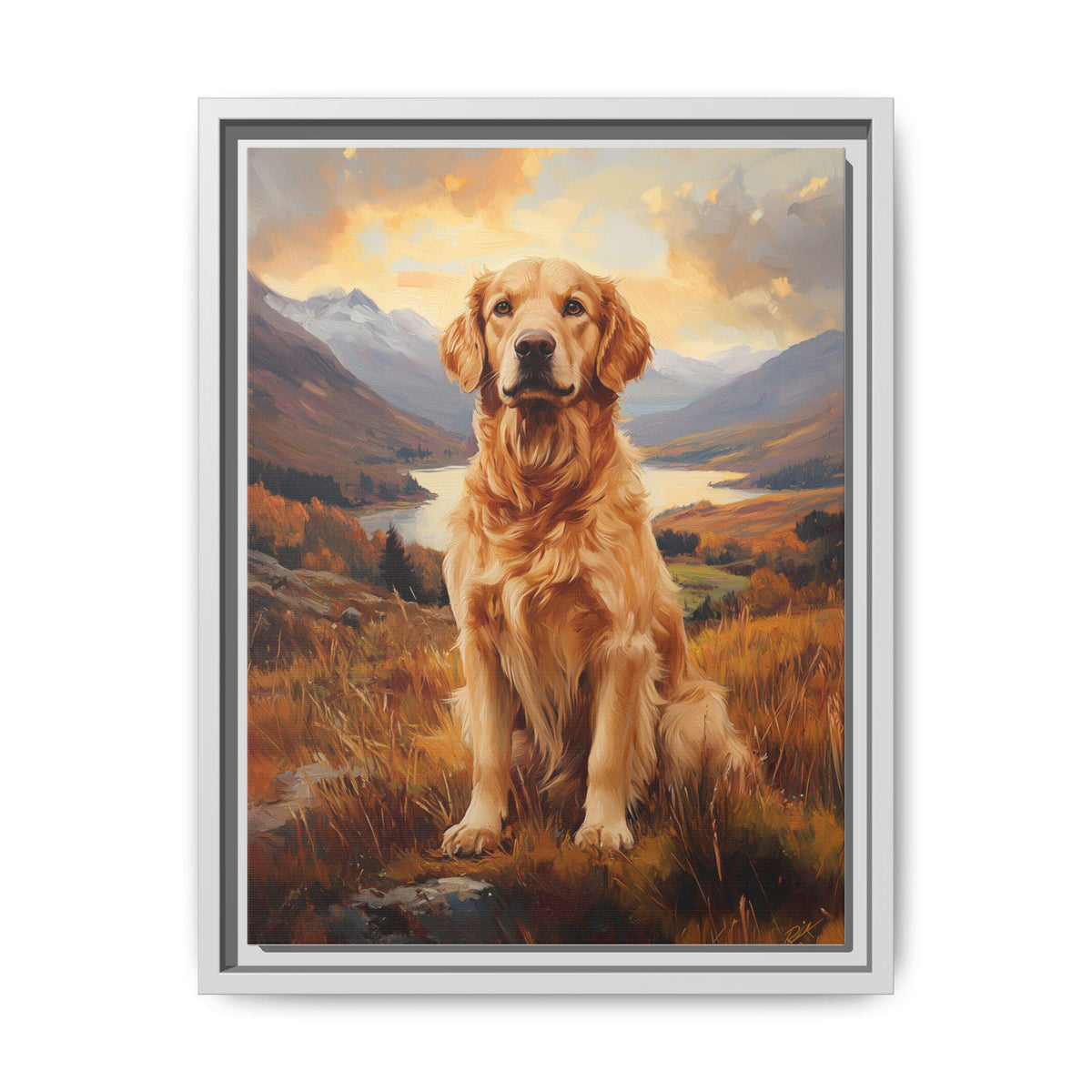 Golden Retriever wall art framed canvas print in a white wood frame