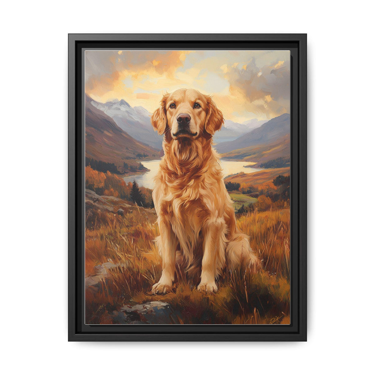 Golden Retriever wall art framed canvas print in a black wood frame
