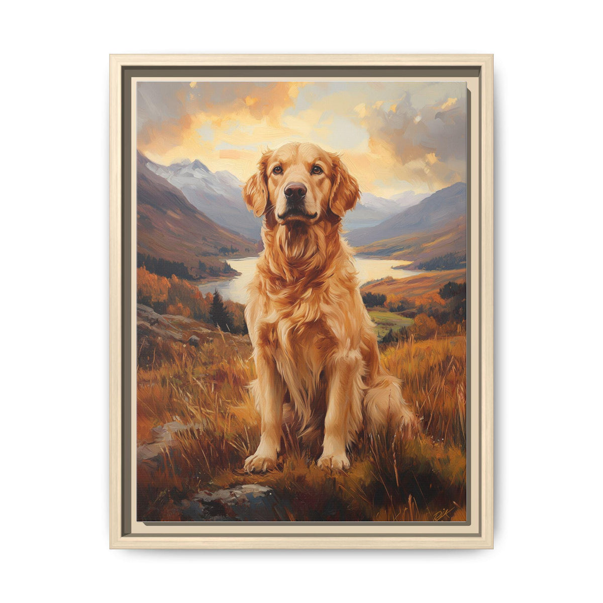 Golden Retriever wall art framed canvas print in a natural wood frame