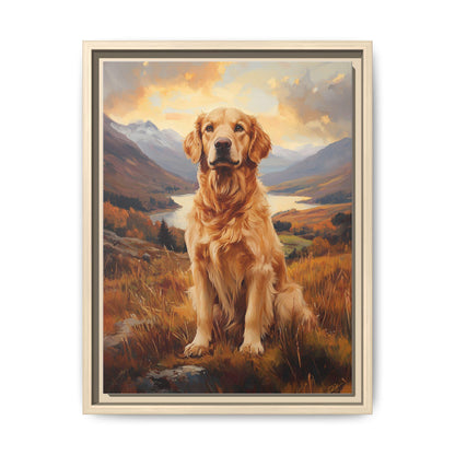 Golden Retriever wall art framed canvas print in a natural wood frame