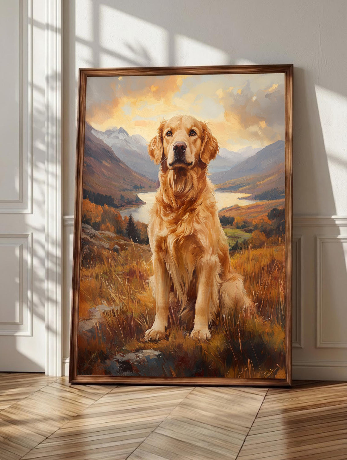 Golden Retriever wall art: a golden painted in warm brushwork with steady, soft eyes