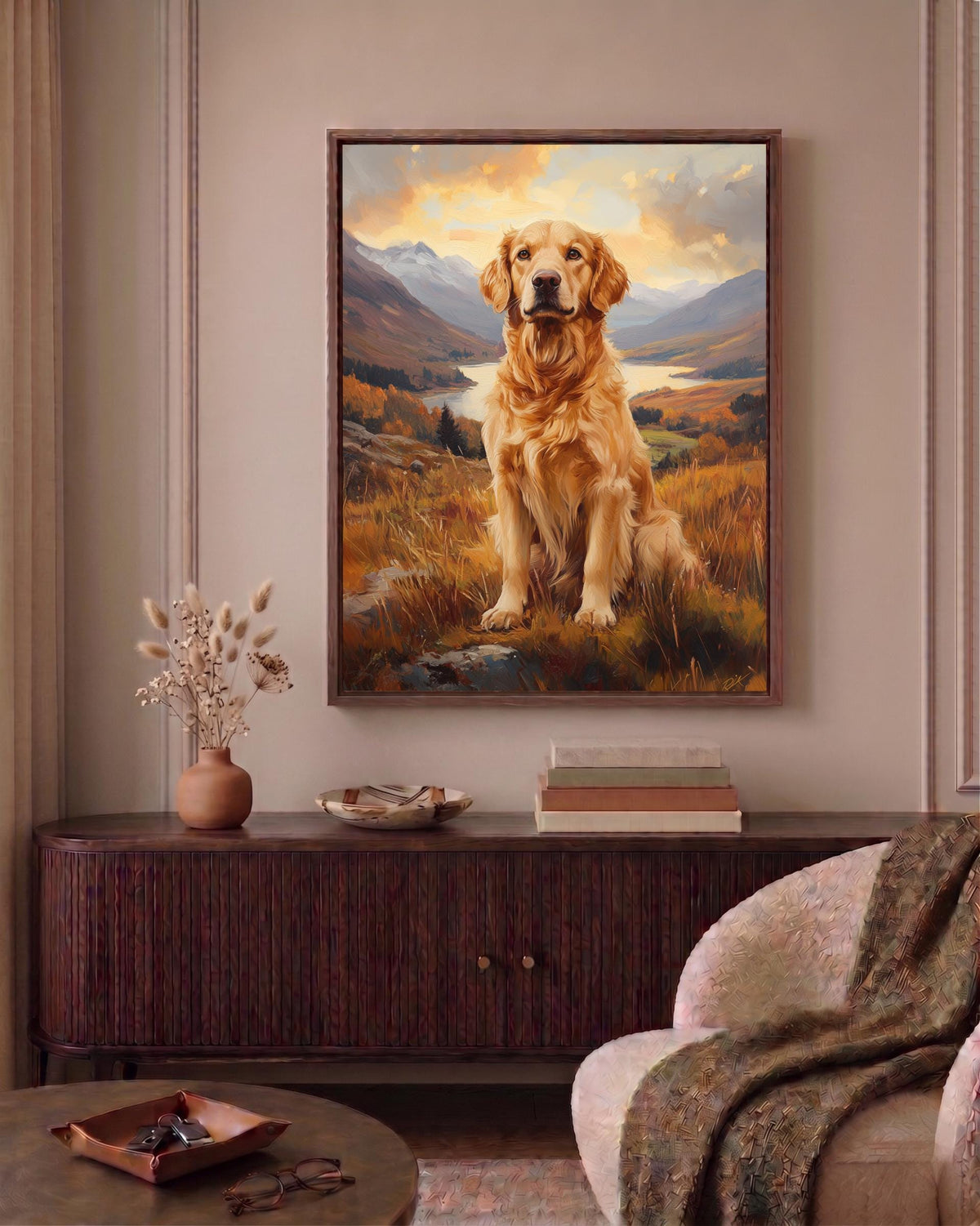 Golden Retriever framed canvas printed on cotton and hand-framed in solid wood