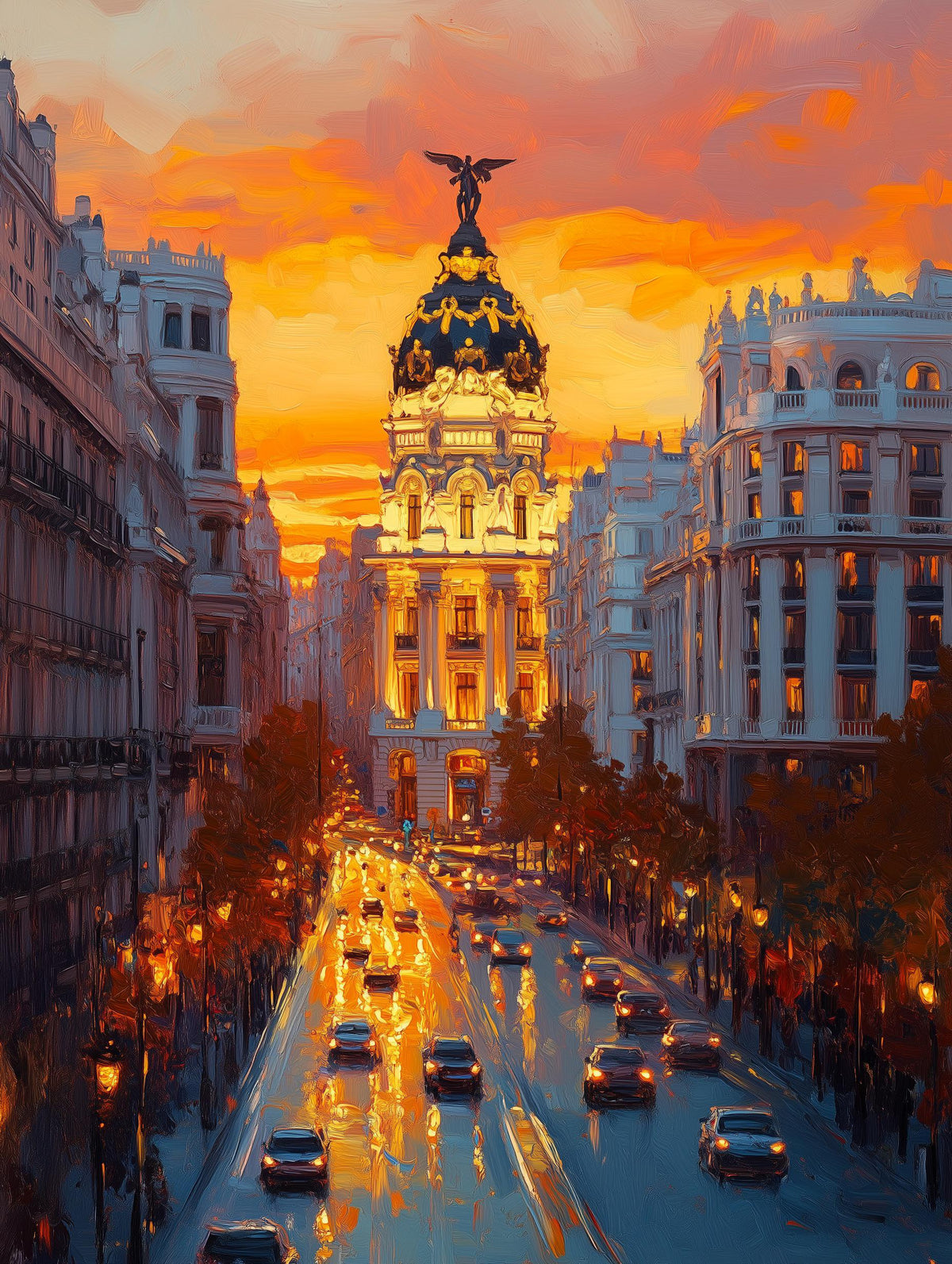 Painterly Spain cityscape with ornate rooftops glowing at the end of the day