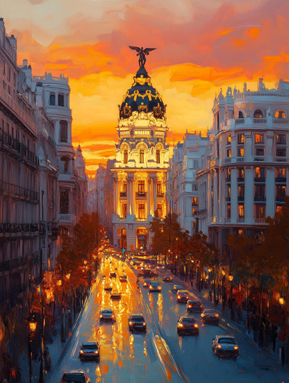 Painterly Spain cityscape with ornate rooftops glowing at the end of the day