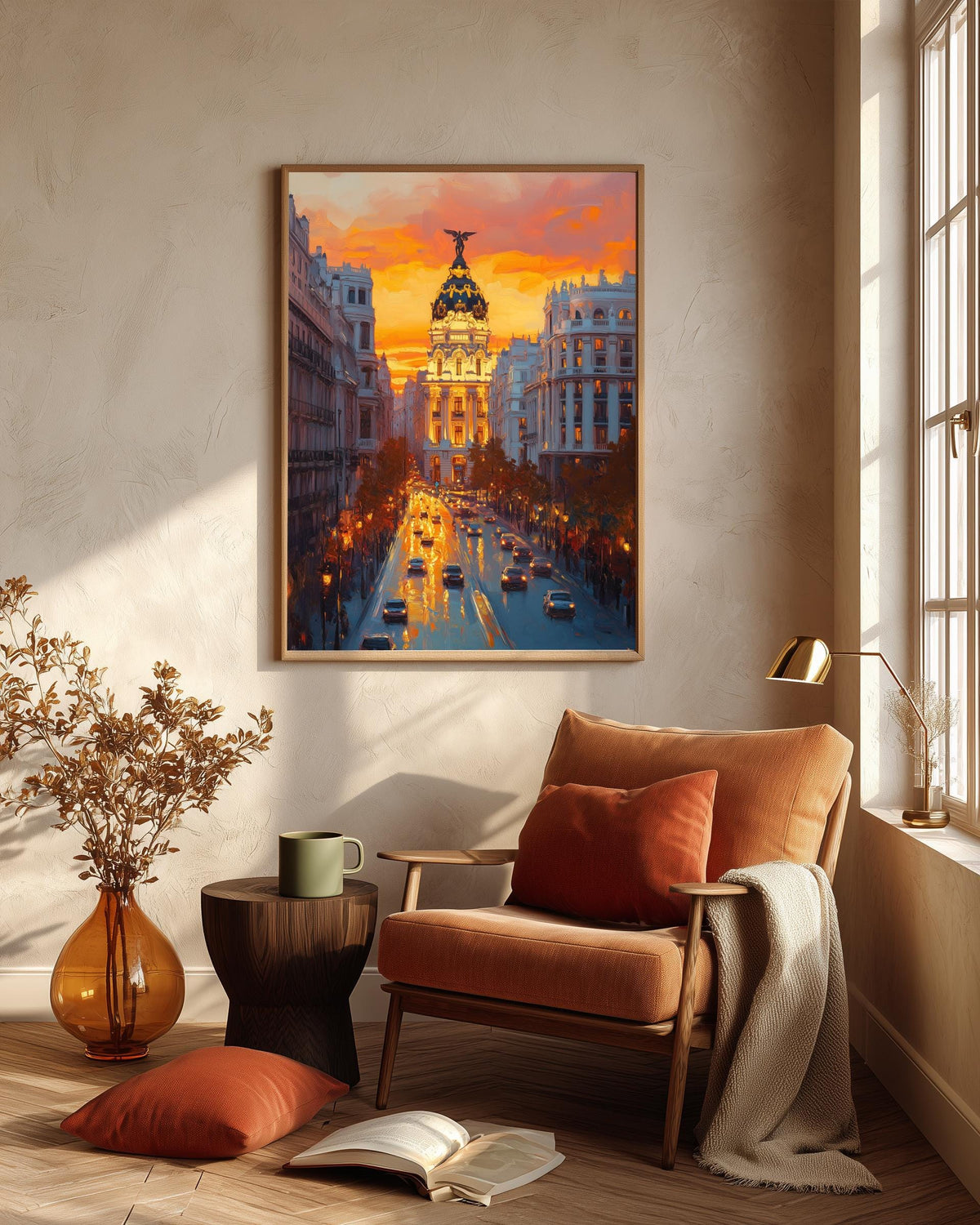 Oil-painting style Gran Via scene in amber and warm stone, made to order