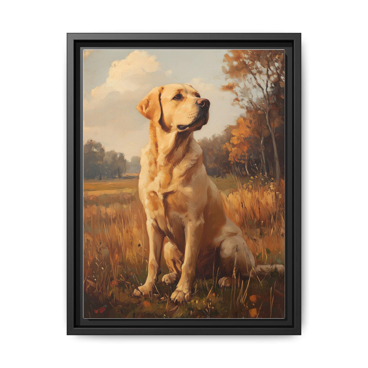 Yellow Lab wall art framed canvas print in a black wood frame