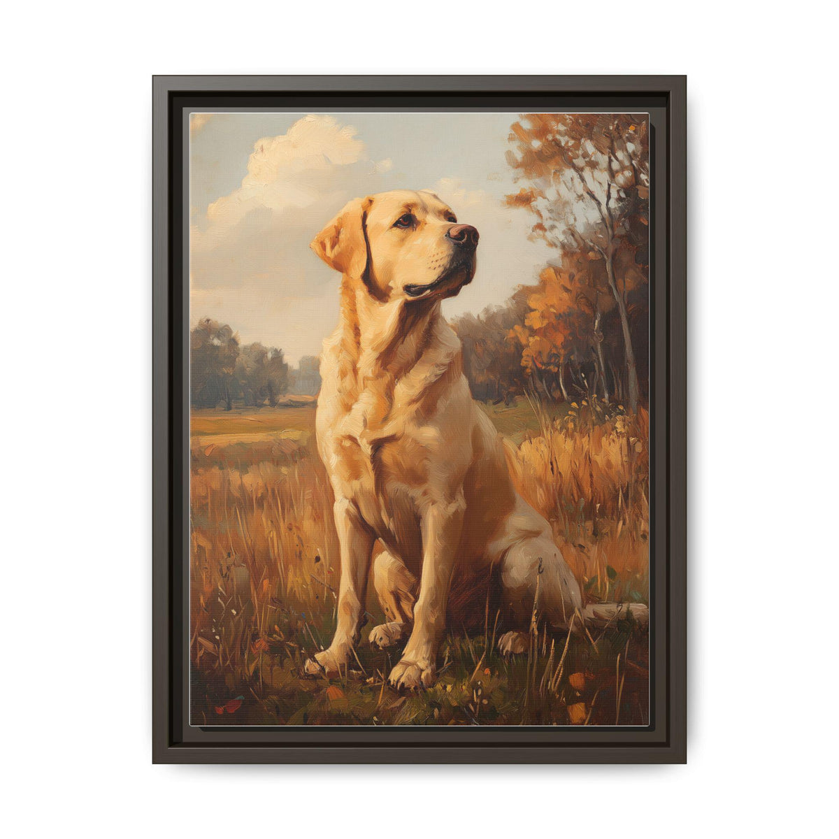 Yellow Lab wall art framed canvas print in an espresso wood frame