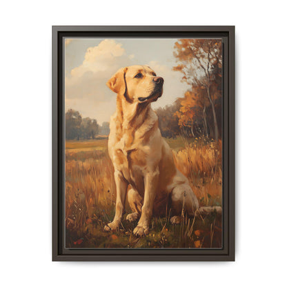 Yellow Lab wall art framed canvas print in an espresso wood frame