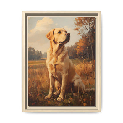 Yellow Lab wall art framed canvas print in a natural wood frame