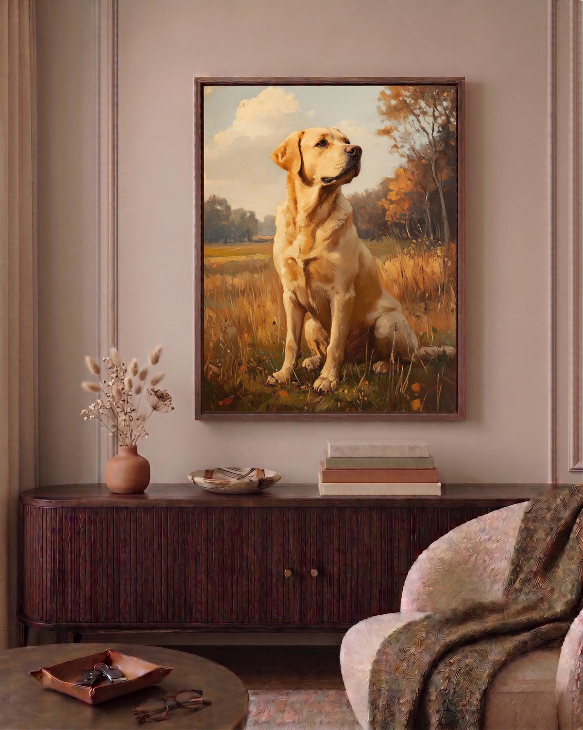 Dog portrait framed canvas on matte cotton canvas in a solid wood frame