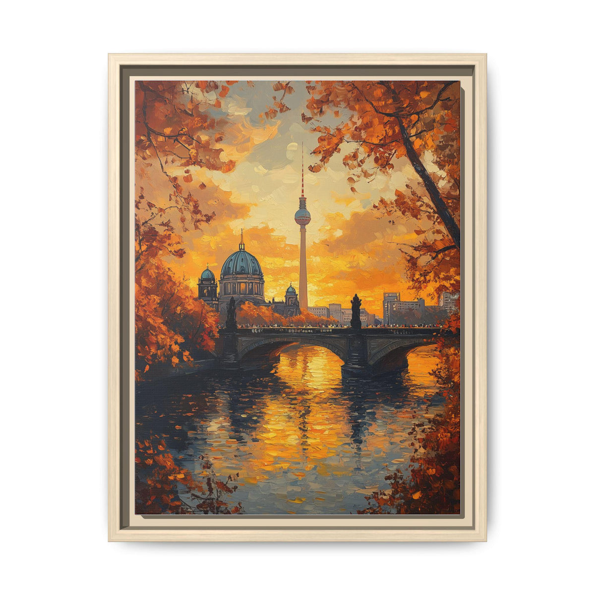 Berlin wall art framed canvas print in a natural wood frame