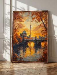 Berlin wall art: the Fernsehturm rising over a golden Spree river, framed canvas print