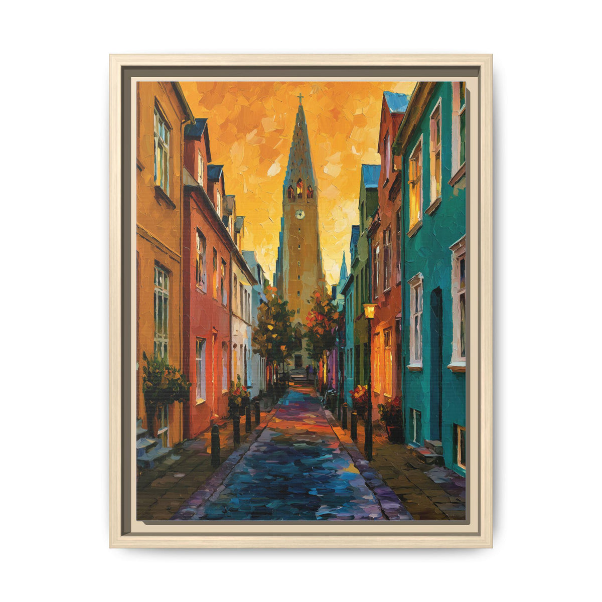 Reykjavik wall art framed canvas print in a natural wood frame