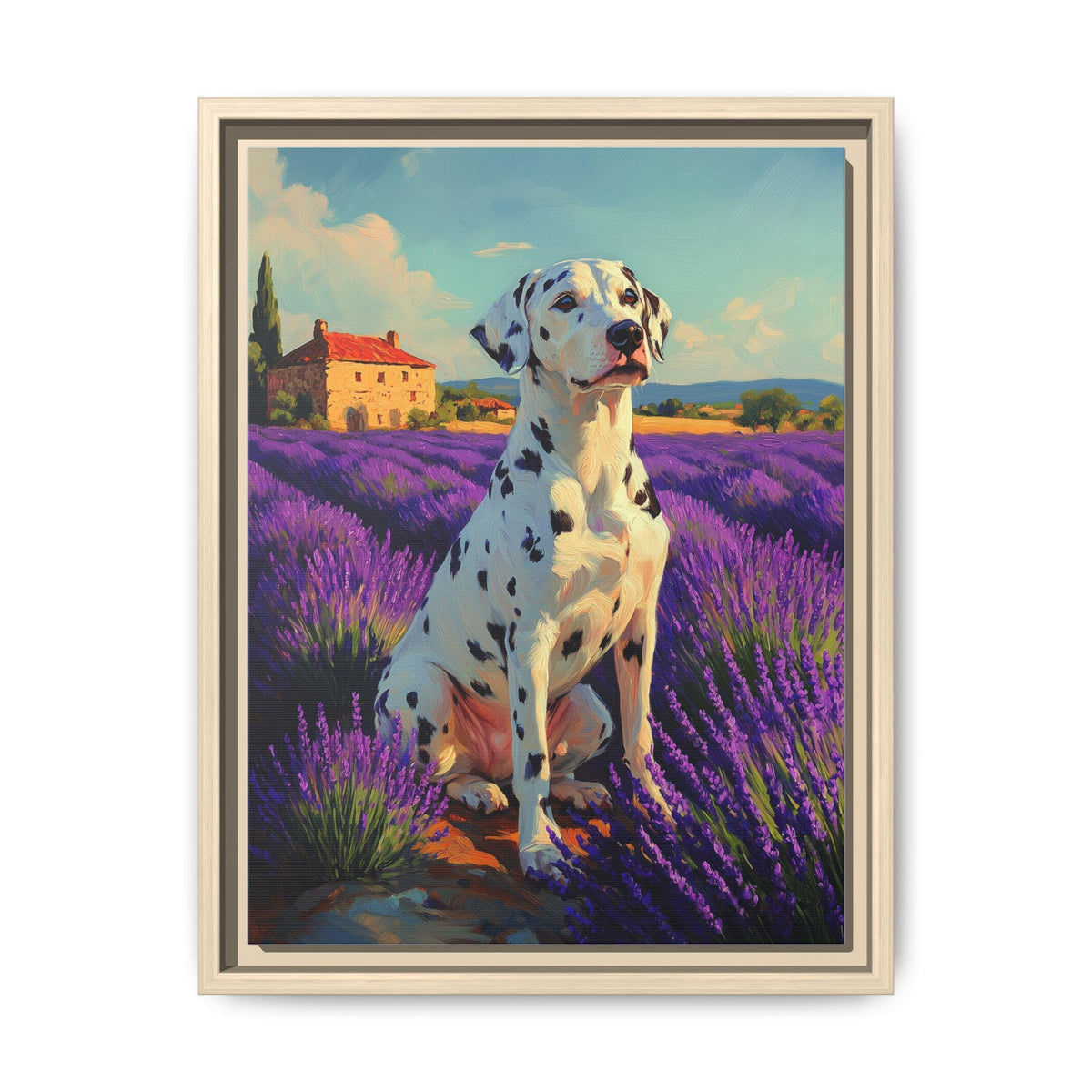 Dalmatian wall art framed canvas print in a natural wood frame