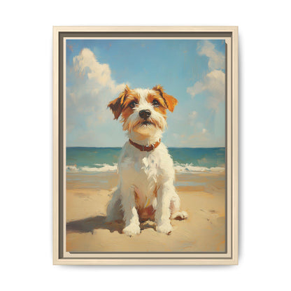 Jack Russell wall art framed canvas print in a natural wood frame