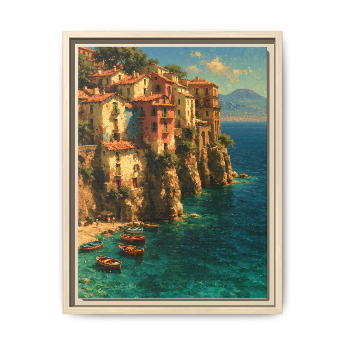 Sorrento wall art framed canvas print in a natural wood frame