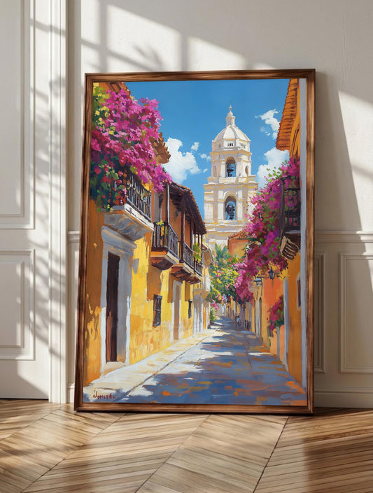 Cartagena wall art: colonial balconies and bright stucco walls of Colombia's Old City