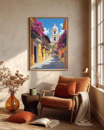 Oil-painting style Old City street in coral, ochre and deep green, ready to hang