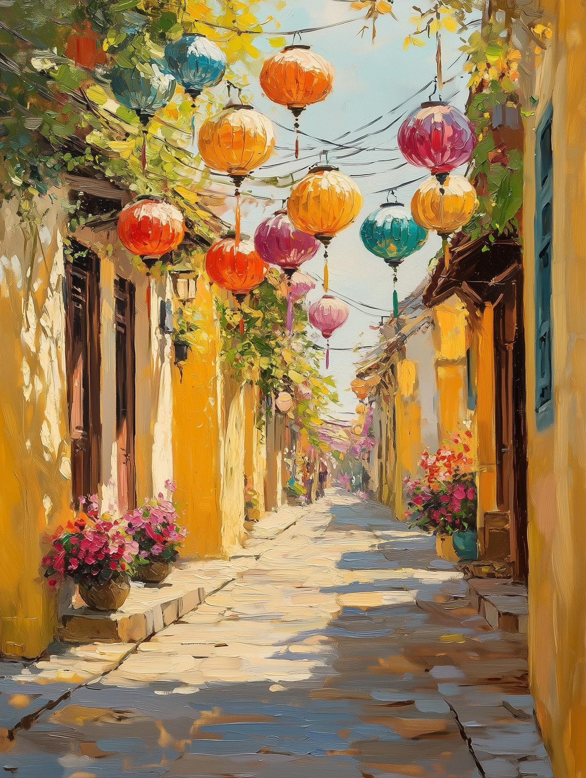 Painterly Vietnam canvas print with silk lanterns warming the yellow walls