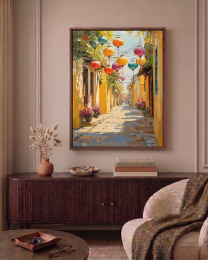 Hoi An framed canvas in a handmade solid wood frame, ready to hang