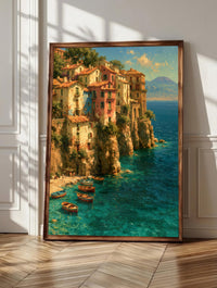 Sorrento wall art: ochre and rose balconies stacked above Marina Grande's still water