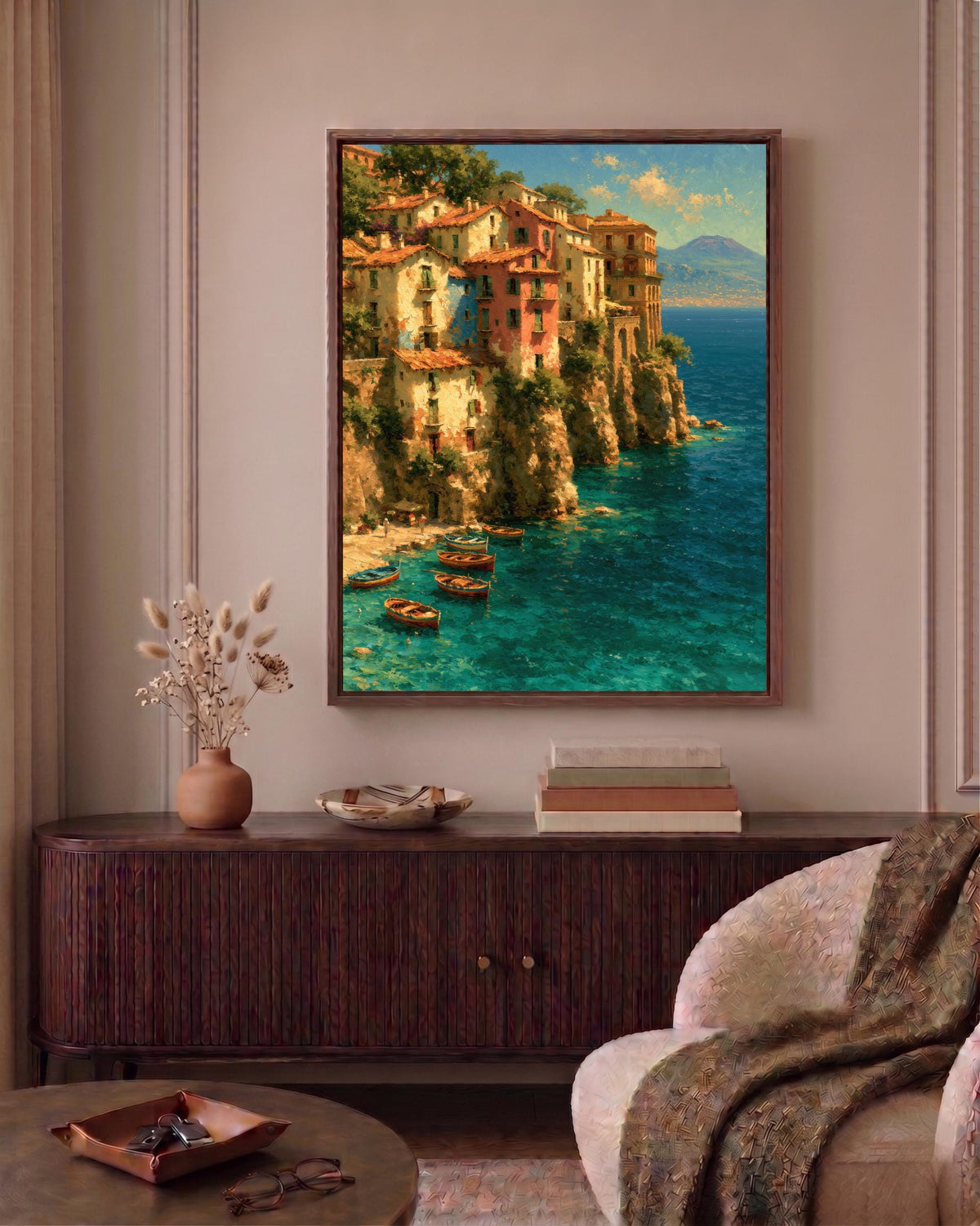 Sorrento framed canvas print in a handmade solid wood frame, ready to hang