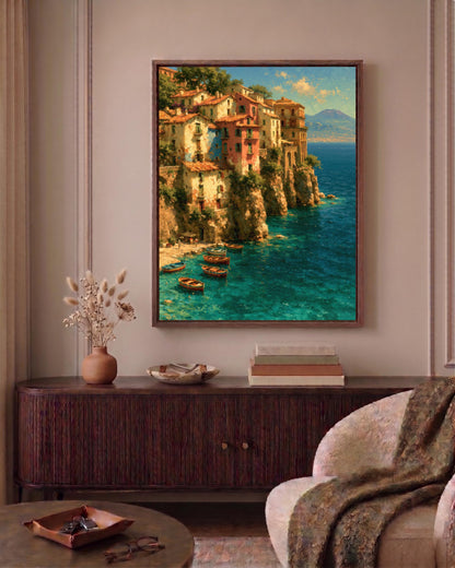 Sorrento framed canvas print in a handmade solid wood frame, ready to hang