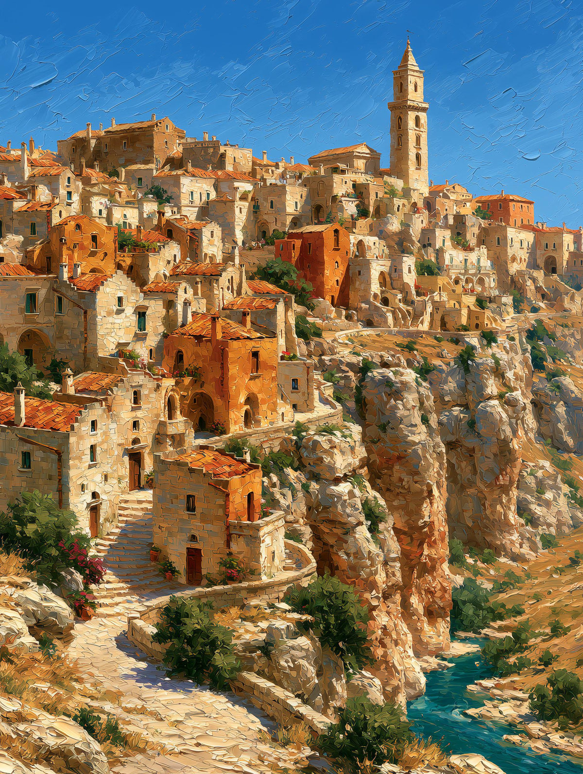 Painterly southern Italy townscape above the Gravina gorge, oil-painting style