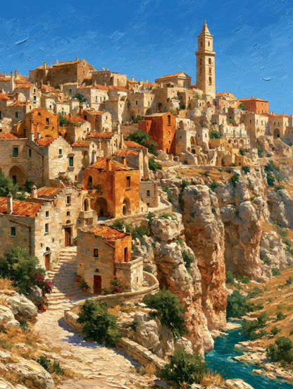Painterly southern Italy townscape above the Gravina gorge, oil-painting style