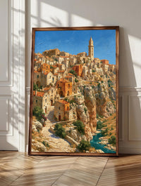Matera wall art: the Sassi cave houses stacked in gold stone, framed canvas print